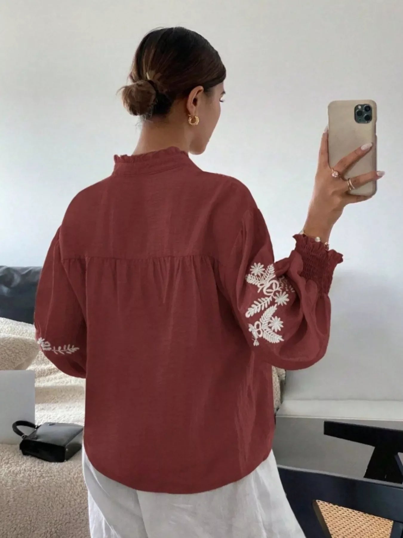 Southern Shores Elegant Embroidered Long Sleeve Buttoned Polyester Blouse With Je T'aime Design - Southern Shores Clothing