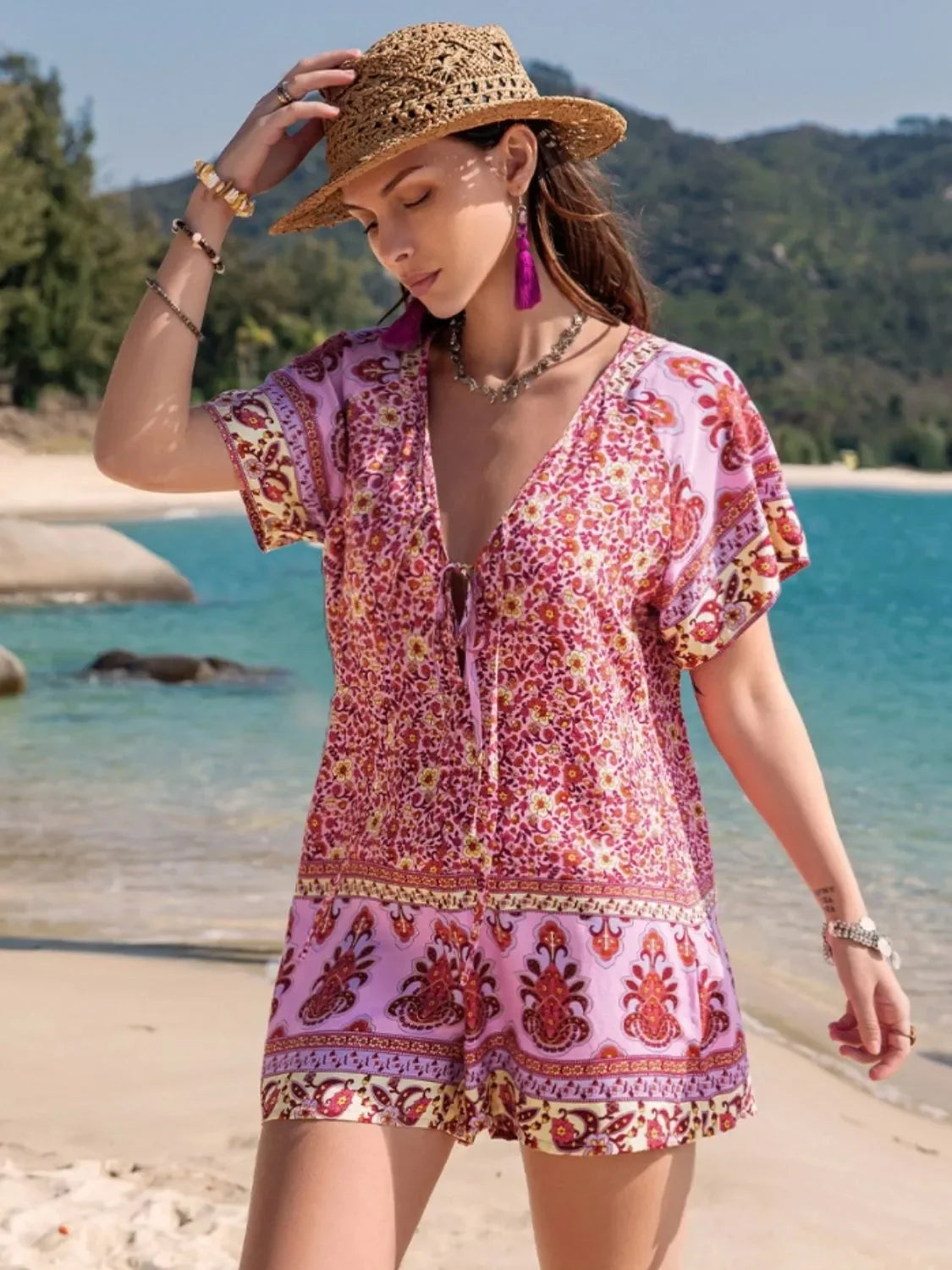 Floral Print V-Neck Short Sleeve Romper With Tie Front Details - Southern Shores Clothing