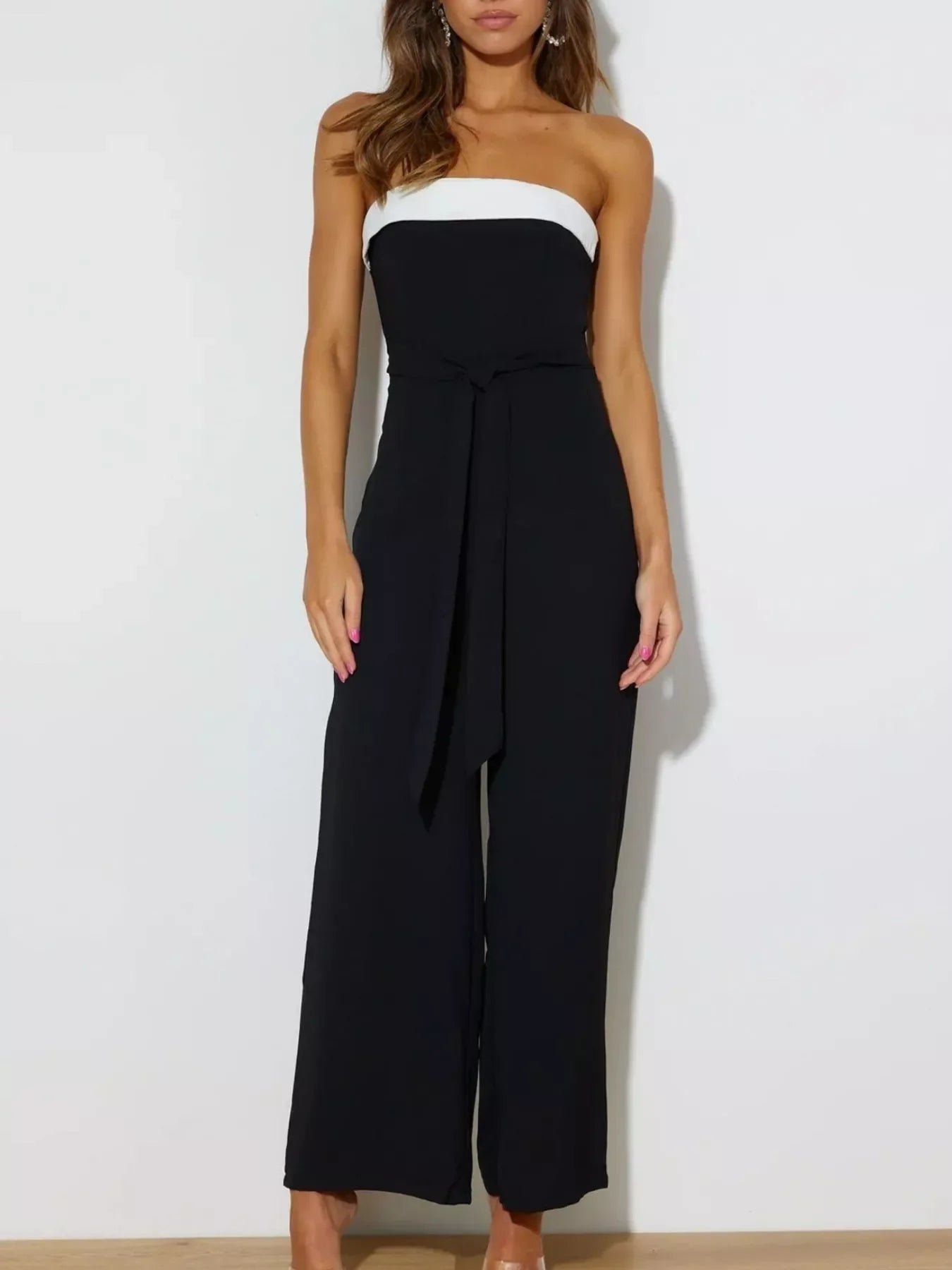 Contrast Tube Wide Leg Jumpsuit With Tie Zipper - Southern Shores Clothing