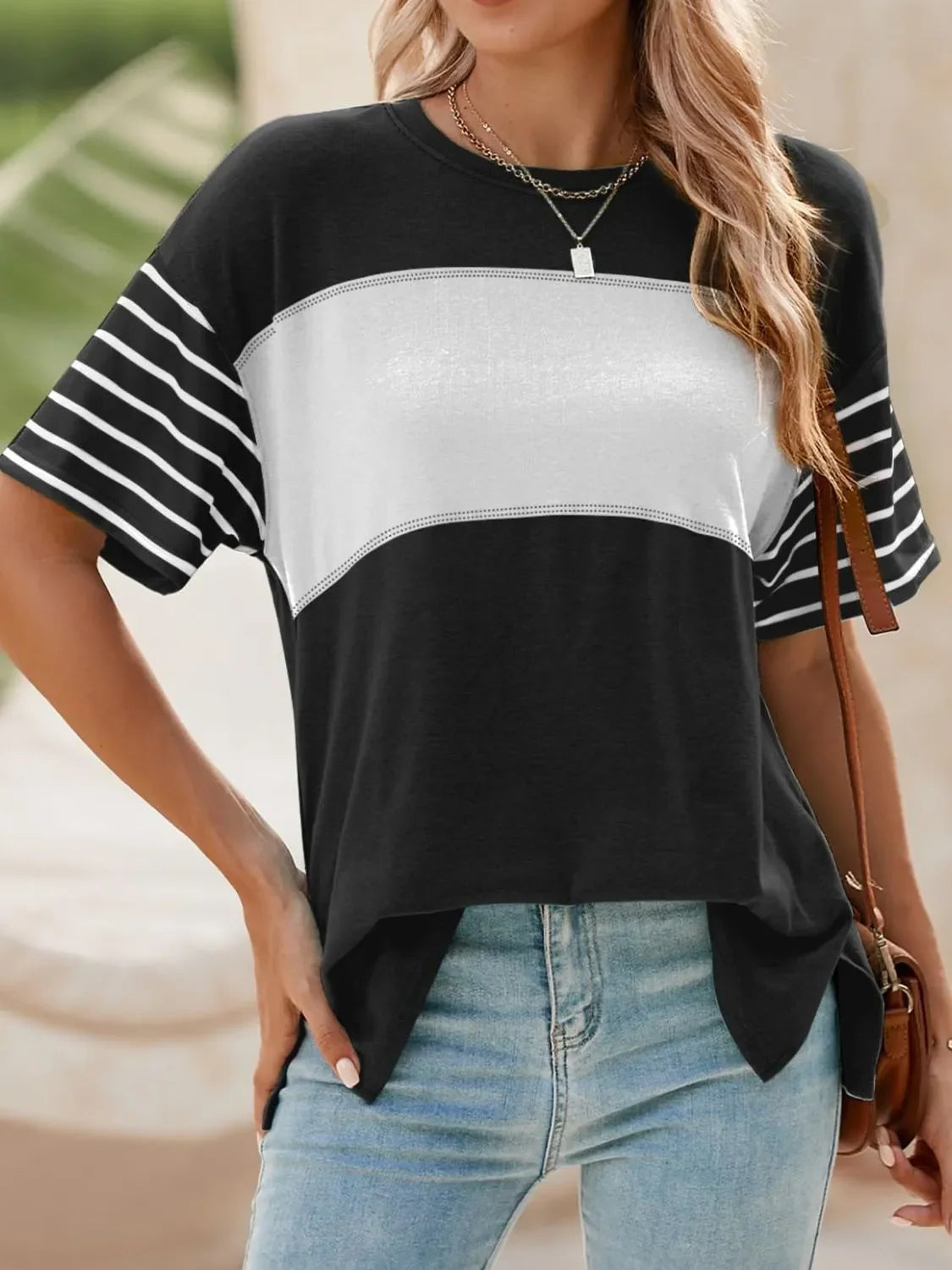 Block Striped Sleeve T Shirt With Lightweight Fabric - Southern Shores Clothing