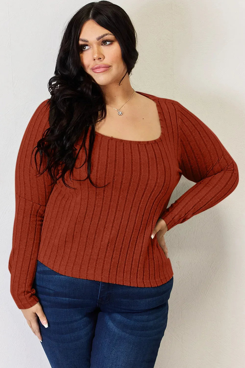 Ribbed Long Sleeve Top Stretch Knit Lightweight - Southern Shores Clothing
