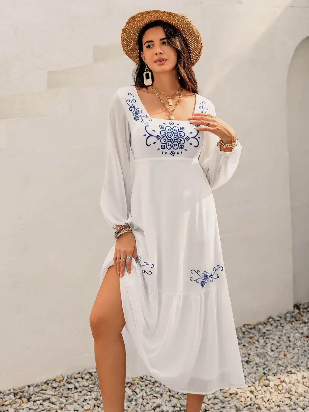 Printed Square Neck Balloon Sleeve Dress With Embroidered Detail - Southern Shores Clothing