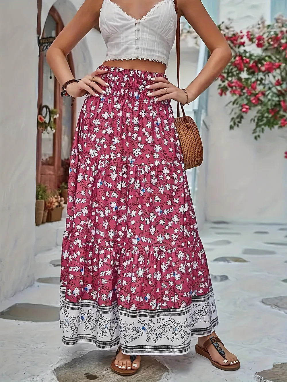 Beach Full Size Tiered Printed Elastic Waist Skirt