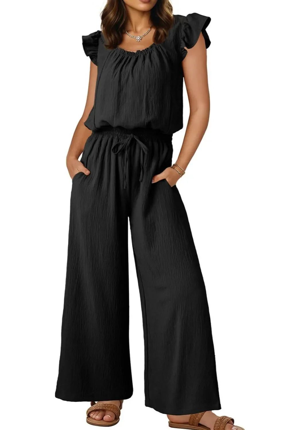 Ruffled Cap Sleeve Wide Leg Jumpsuit With Pockets - Southern Shores Clothing