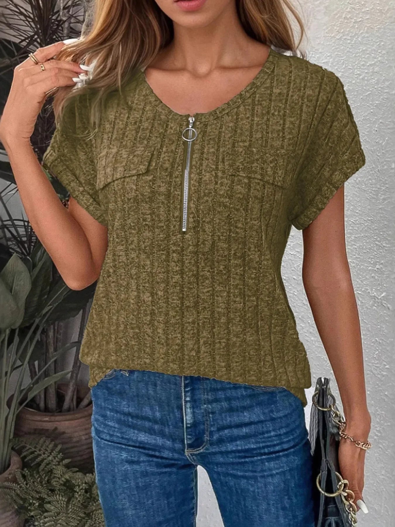 Zip-Front Ribbed Short Sleeve T-Shirt Coastal Style - Southern Shores Clothing