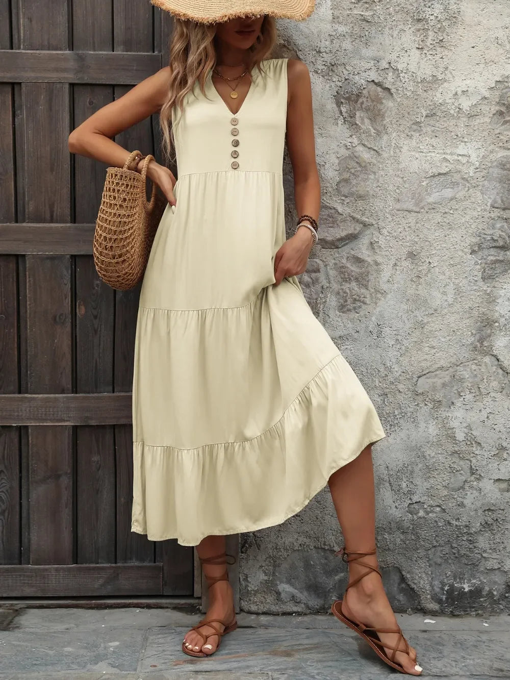 Notched Sleeveless Maxi Dress With Buttons - Southern Shores Clothing