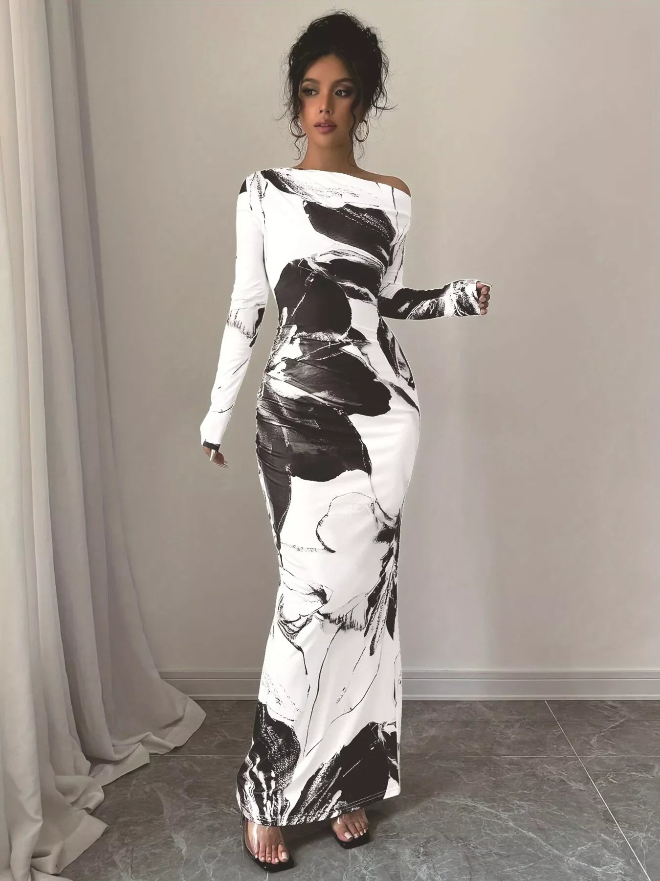 Floral One Shoulder Long Sleeve Maxi Dress - Southern Shores Clothing