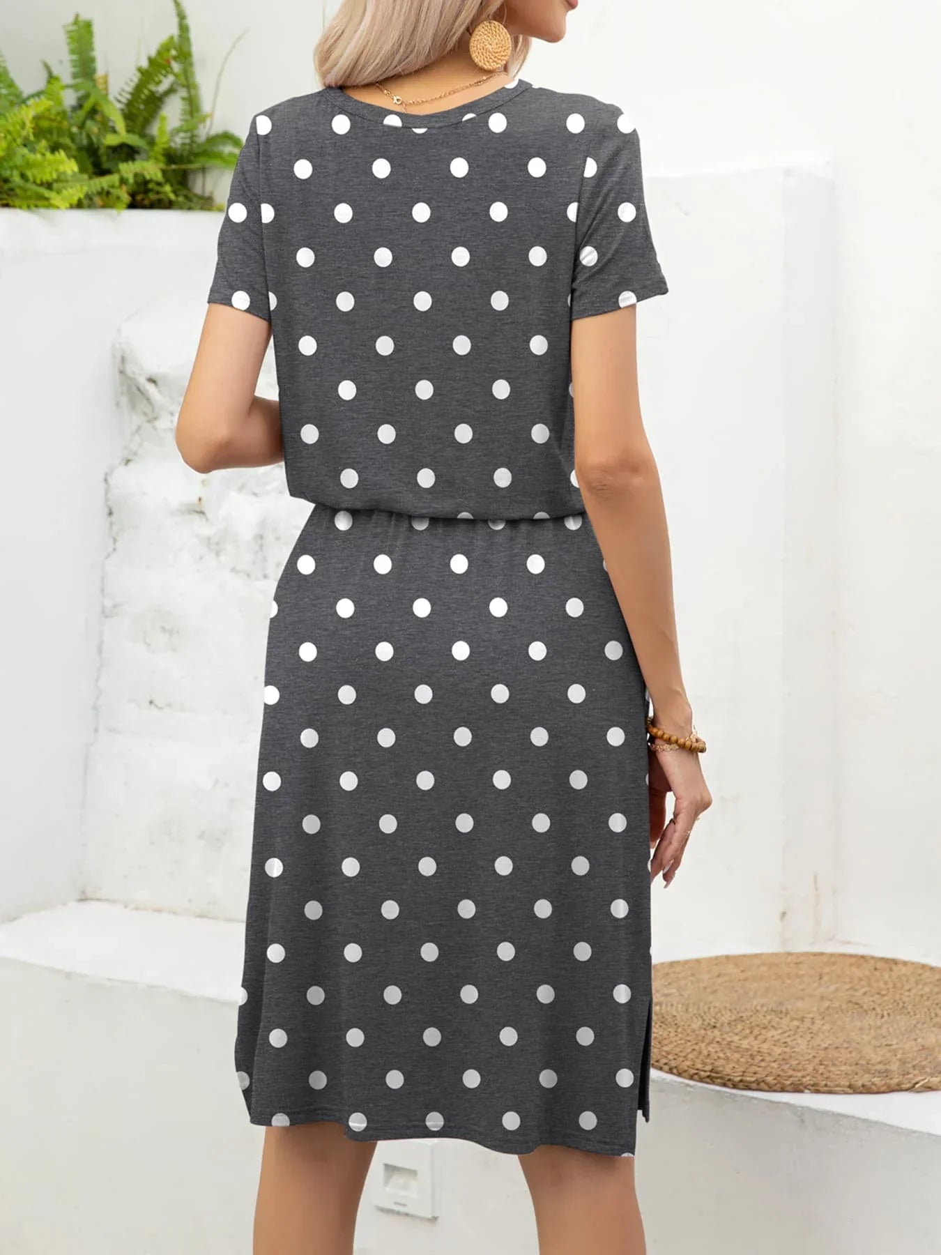 Round Neck Short Sleeve Slit Dress with Pockets - Southern Shores Clothing