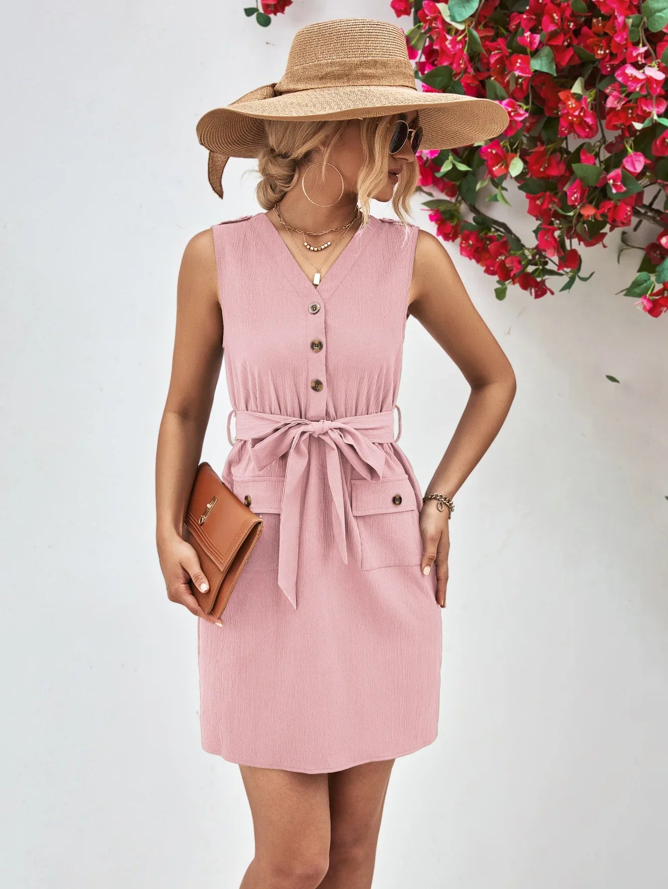 Buttoned V-Neck Belted Sleeveless Dress - Southern Shores Clothing