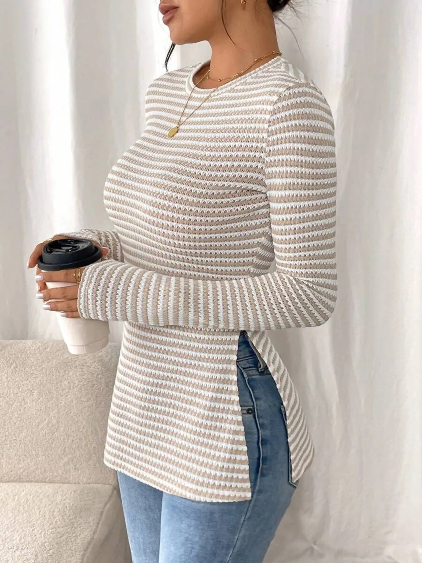Side Slit Striped Long Sleeve T-Shirt - Southern Shores Clothing