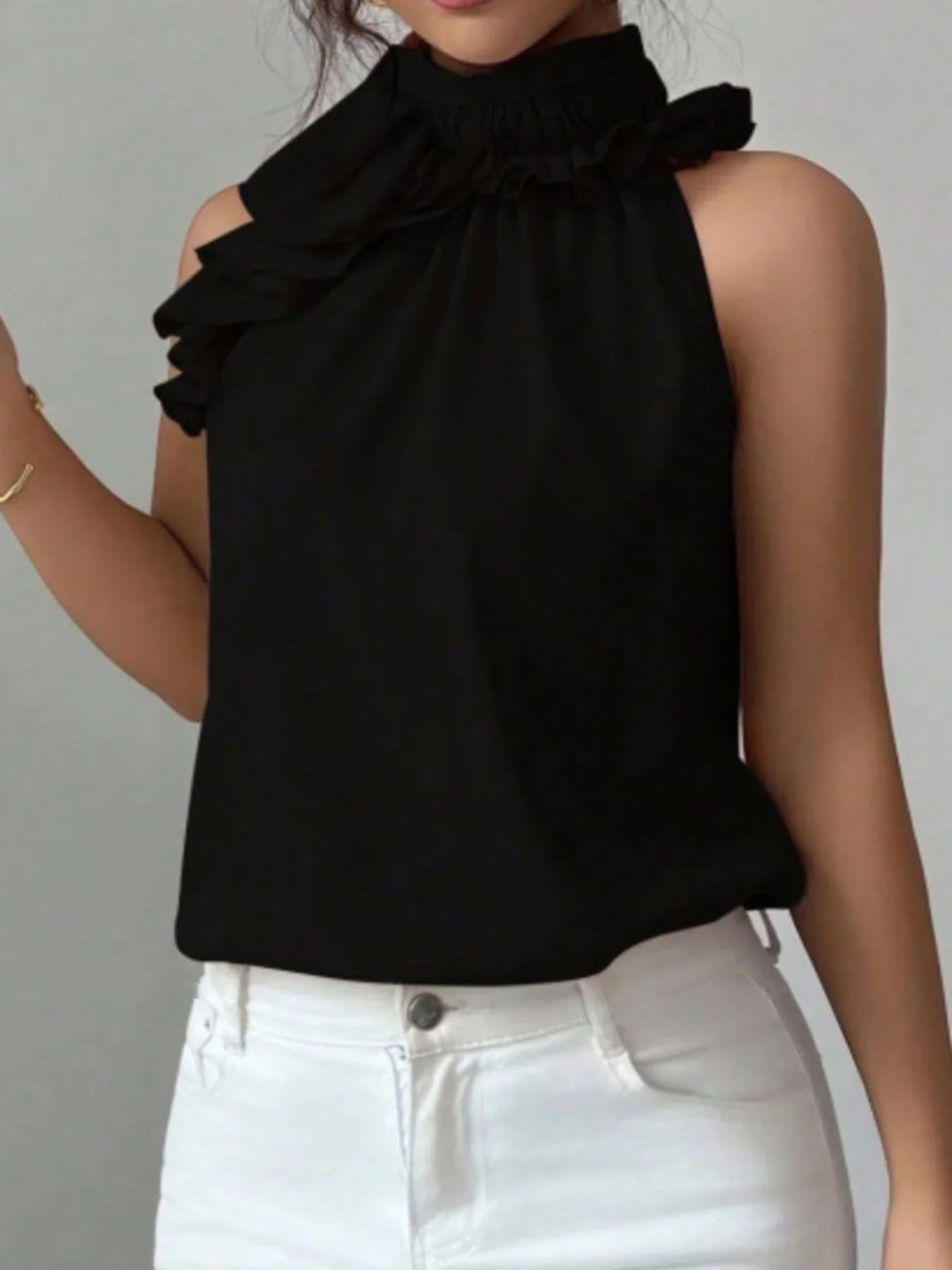 Ruffled High Neck Sleeveless Top With Draped Silhouette Detail - Southern Shores Clothing