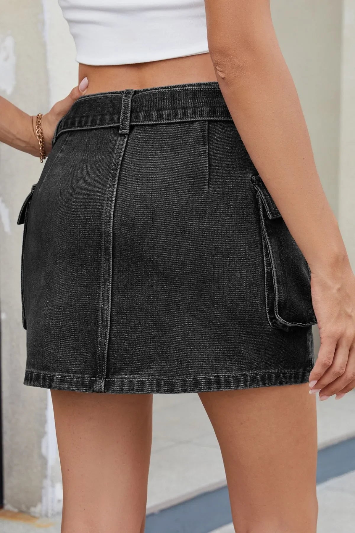 Denim Mini Skirt With Criss-Cross Waist Detail - Southern Shores Clothing