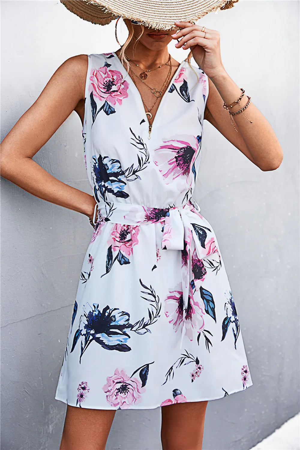 Printed Zip Detail Belted Sleeveless Dress - Southern Shores Clothing