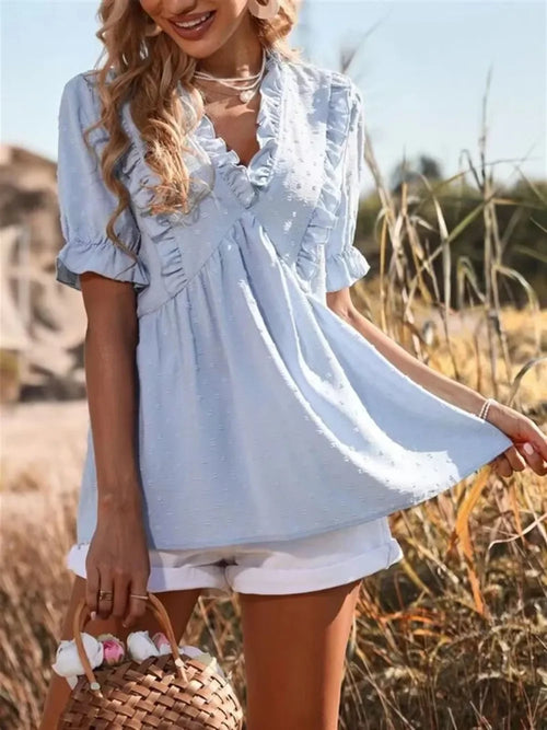 Frill V Neck Short Sleeve Blouse Lightweight Polyester - Southern Shores Clothing
