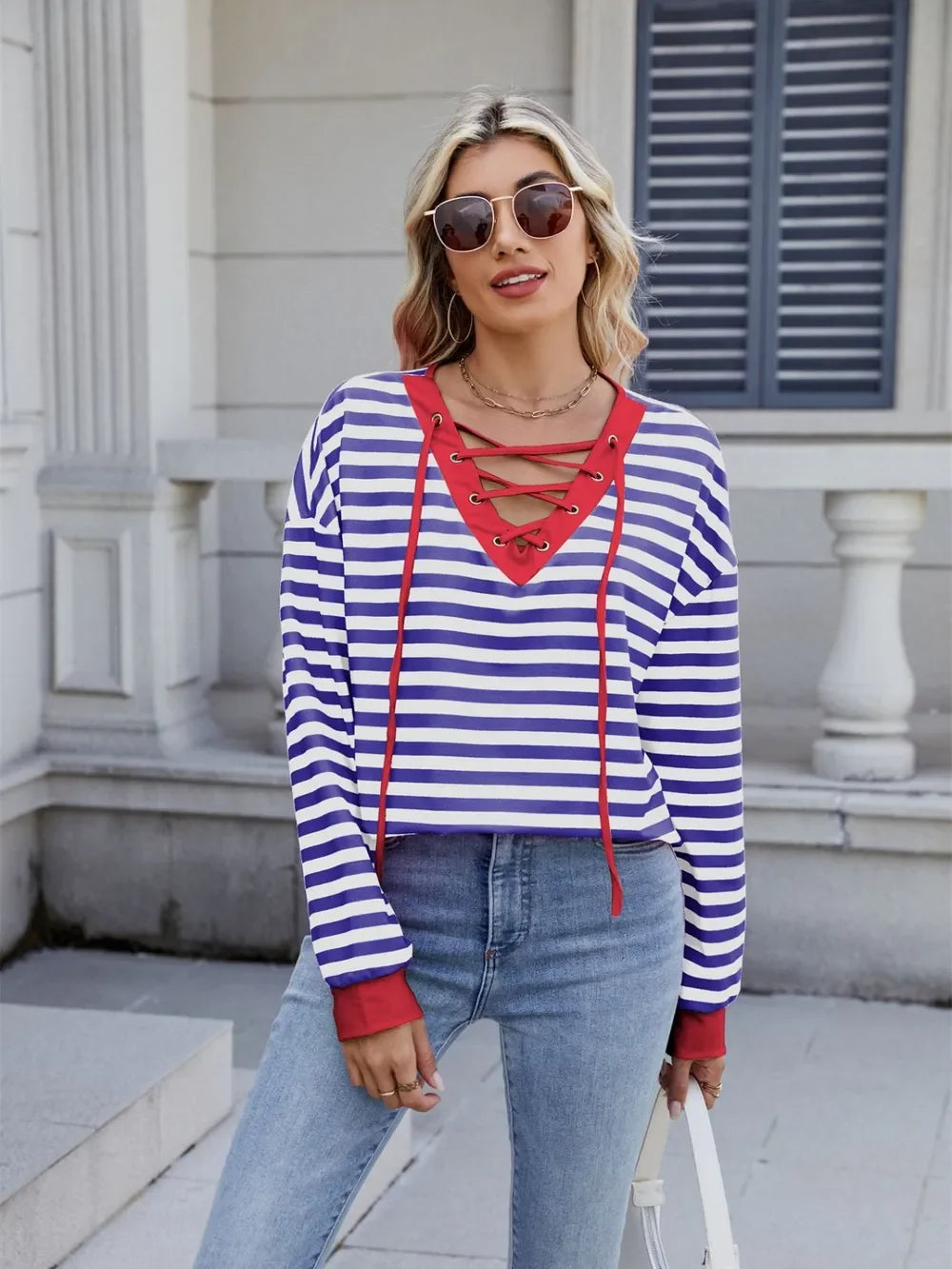 Lace-Up Striped Long Sleeve T-Shirt - Southern Shores Clothing