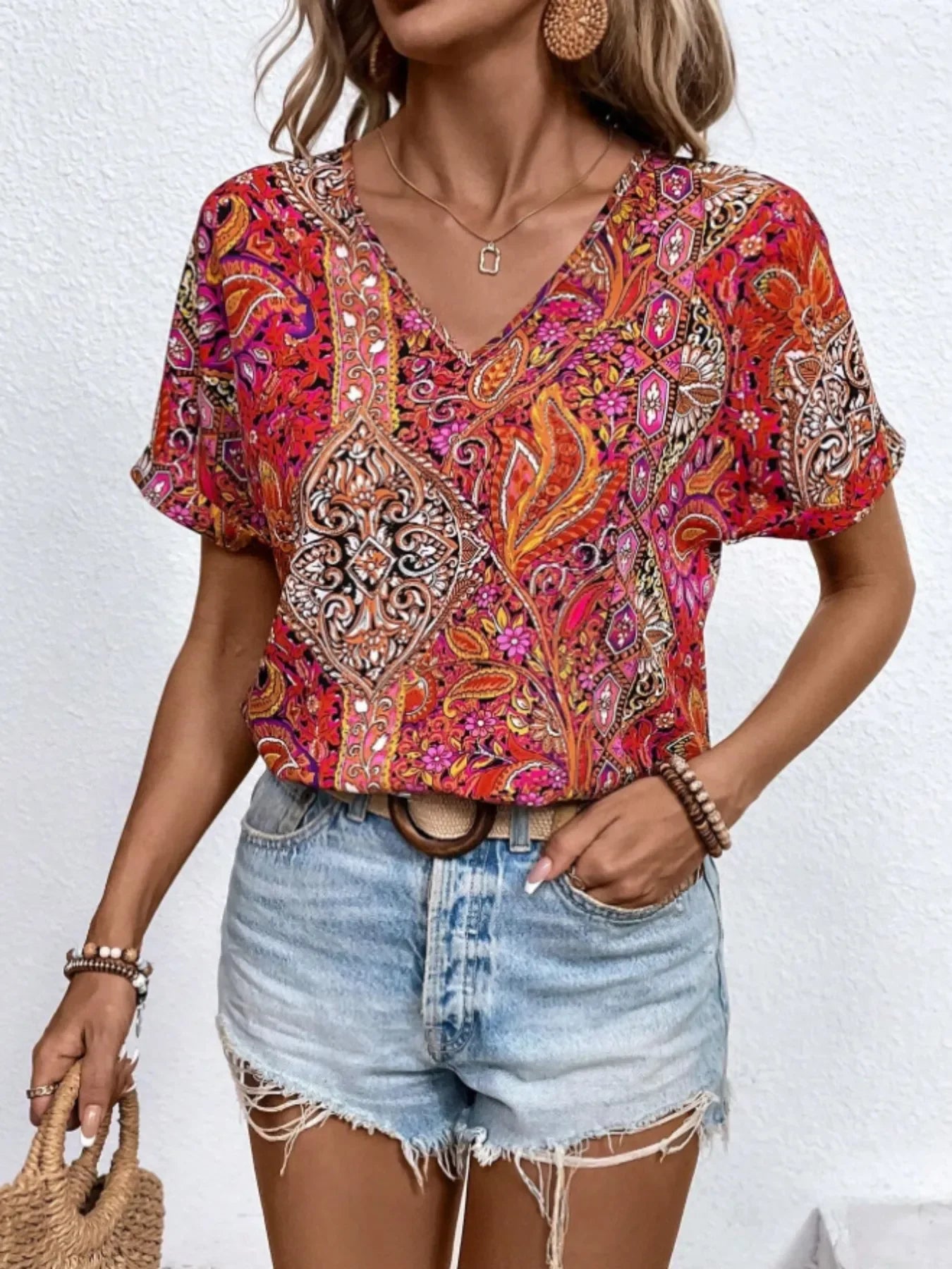 Bohemian Paisley Print V-Neck Short Sleeve T-Shirt - Southern Shores Clothing