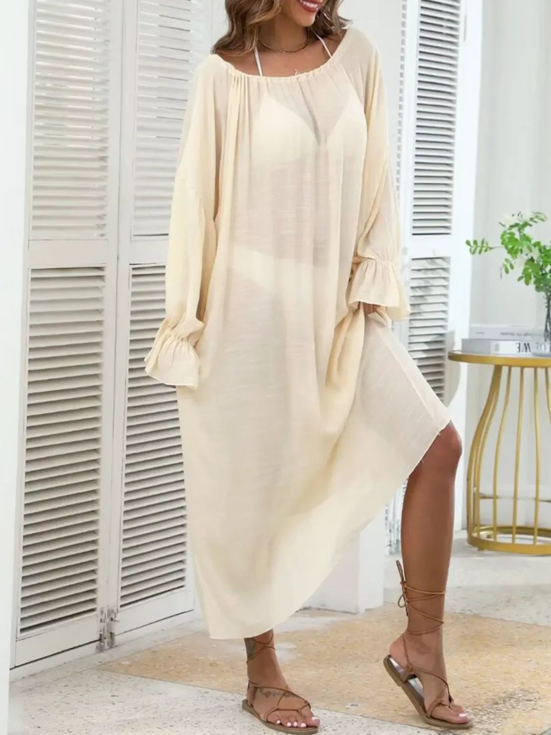 Backless Drawstring Flounce Sleeve Cover Up One Size - Southern Shores Clothing