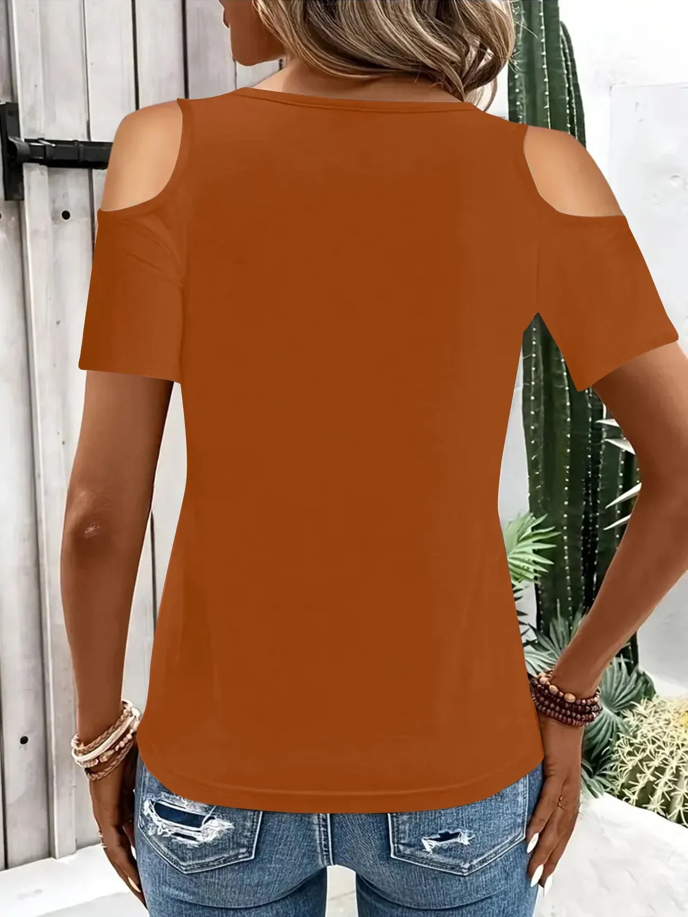 Stretch Cold Shoulder Tee With Metal Ring Detail - Southern Shores Clothing