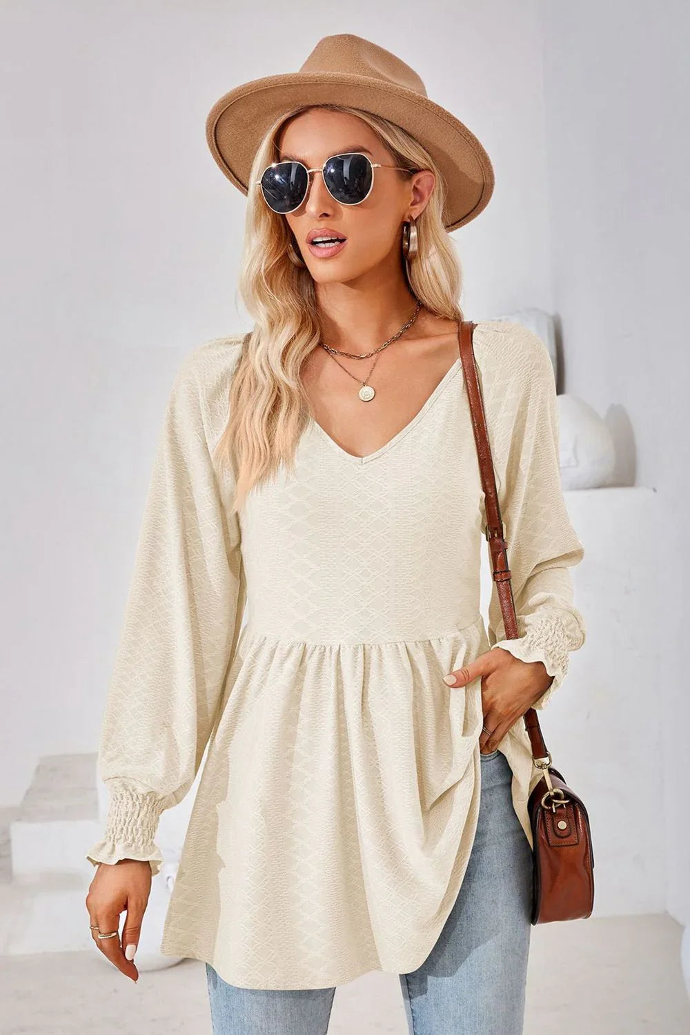 V-Neck Lantern Sleeve Blouse With Regular Length Casual Fit - Southern Shores Clothing