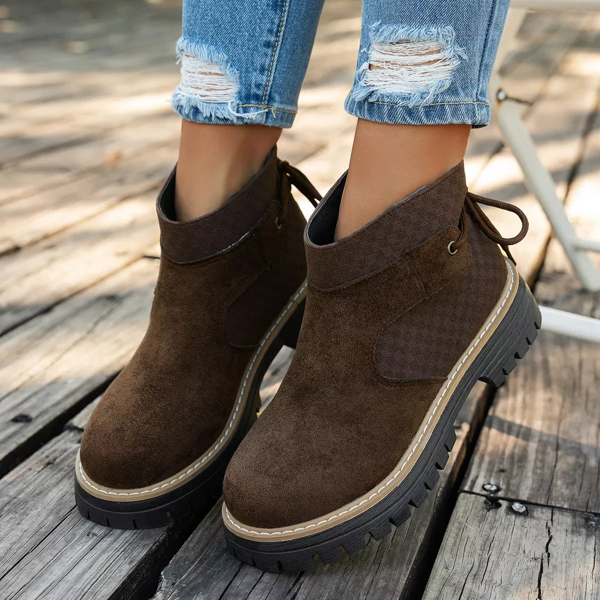 Round Toe Platform Boots Suede Rubber Mid Heel - Southern Shores Clothing
