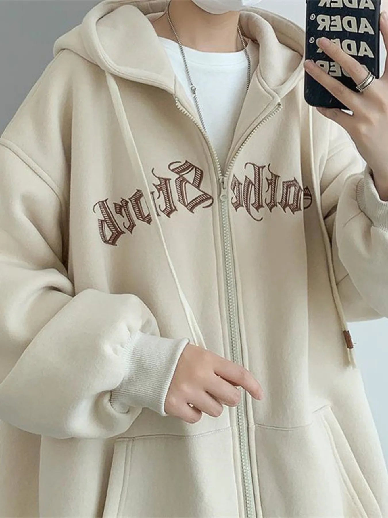 Men's Plus Size Letter Zip Up Drawstring Hoodie