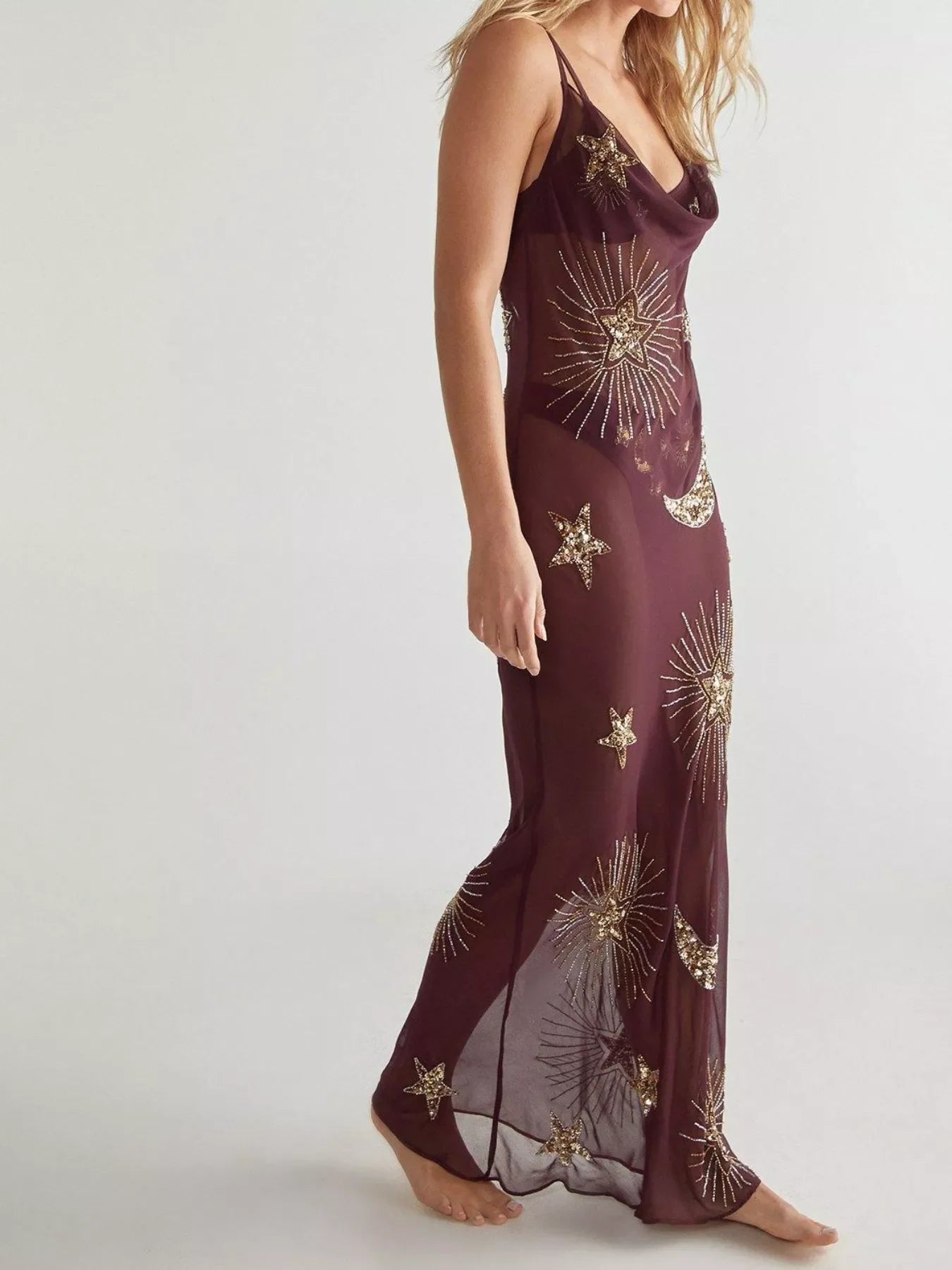 Sequin Backless Maxi Cover Up Dress With Star Detailing - Southern Shores Clothing