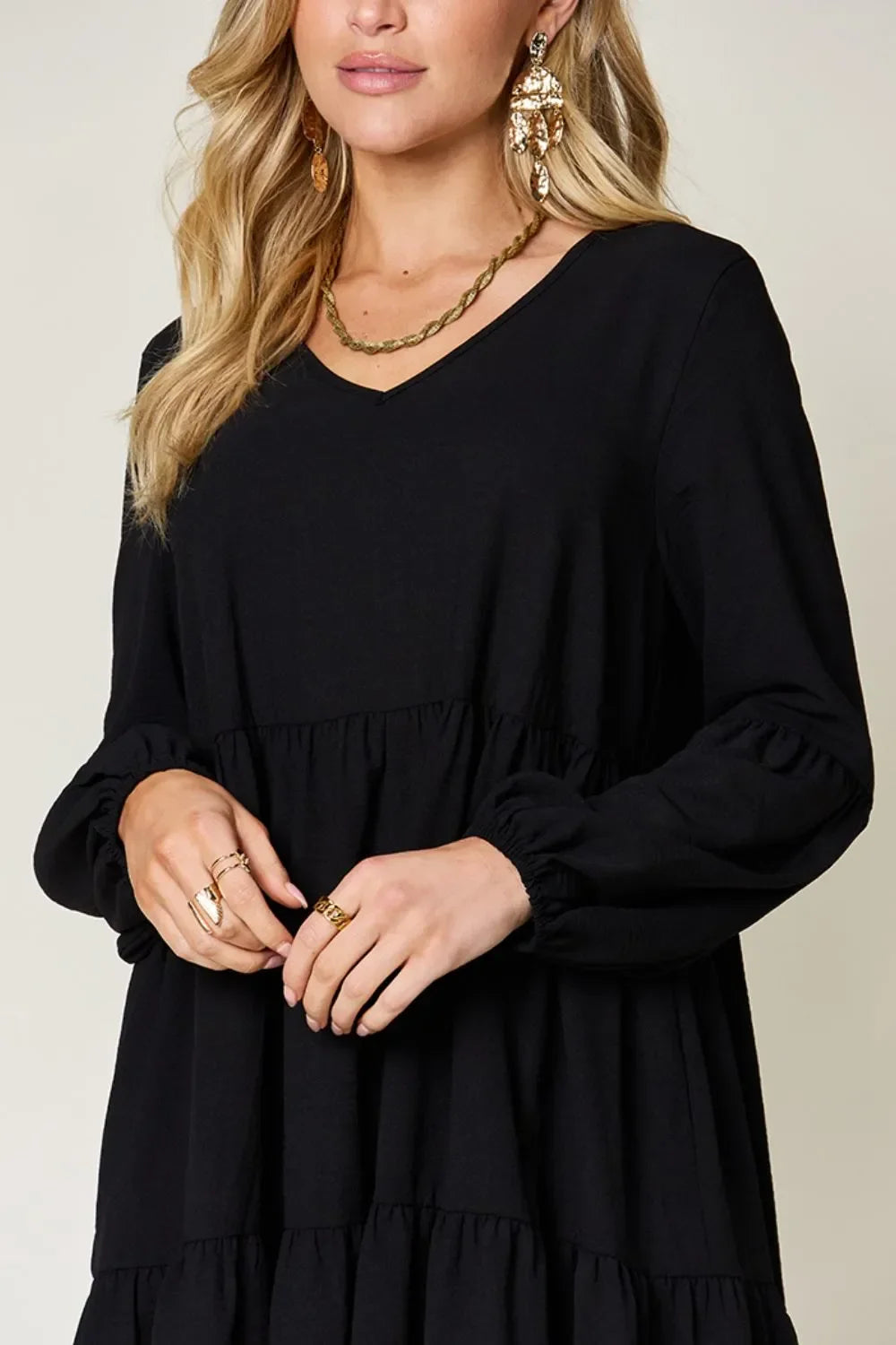 V Neck Balloon Sleeve Tiered Dress With Pockets - Southern Shores Clothing