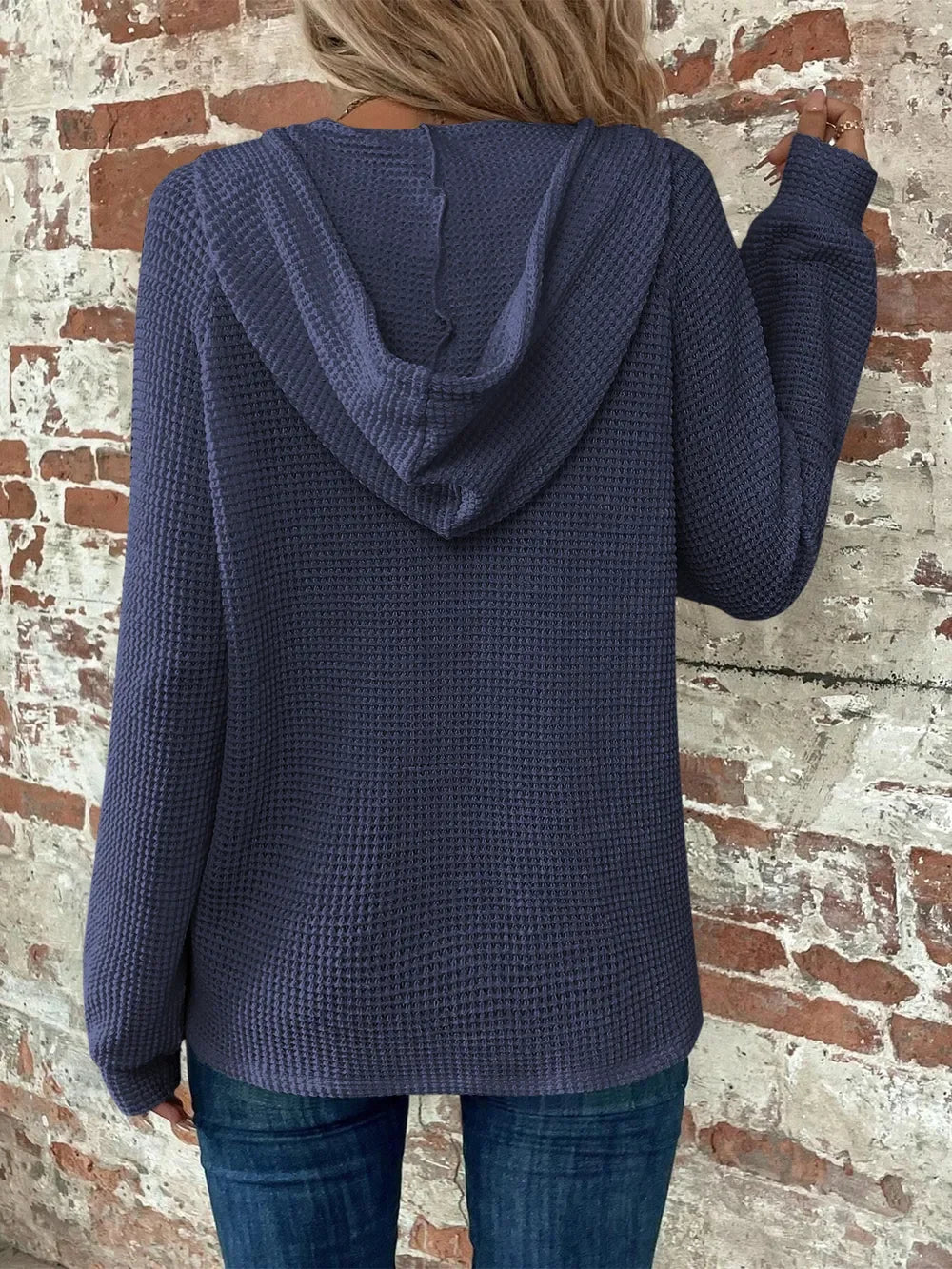 Waffle Knit Long Sleeve Drawstring Hooded Top - Southern Shores Clothing