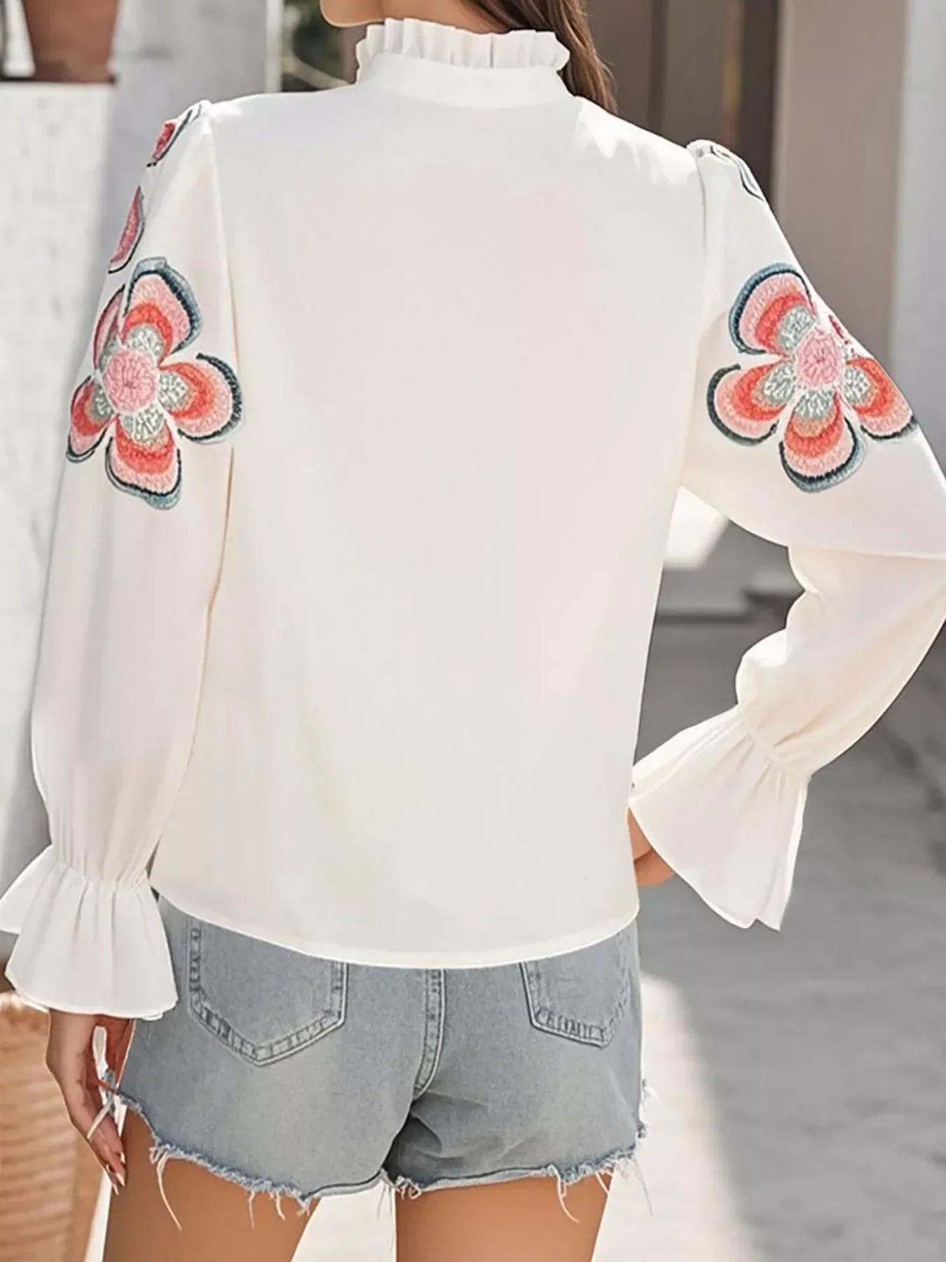 Floral Embroidered Notched Long Sleeve Blouse - Southern Shores Clothing