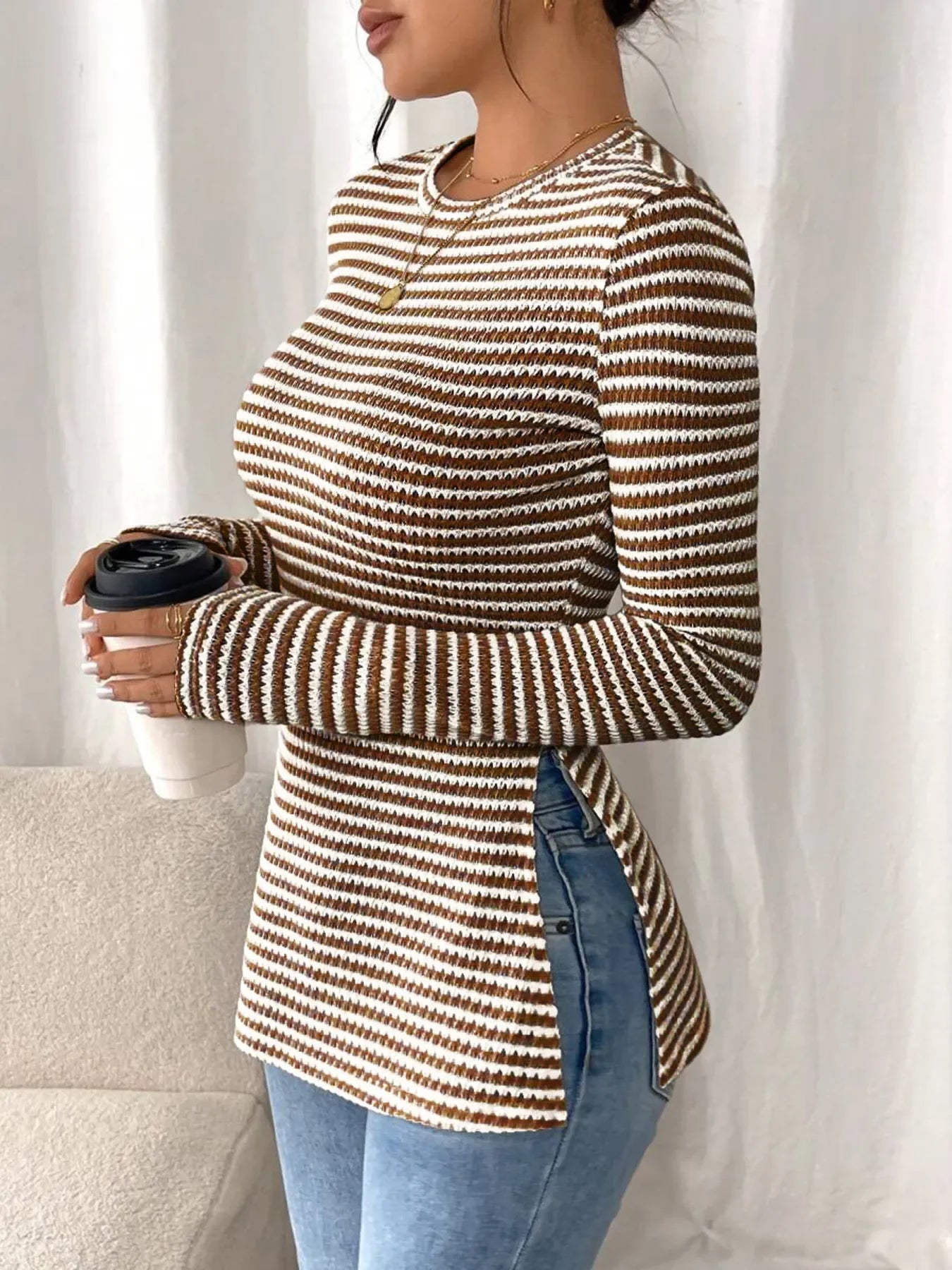 Side Slit Striped Long Sleeve T-Shirt - Southern Shores Clothing
