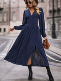 Perfee V-Neck Long Sleeve Pleated Slit Dress - Southern Shores Clothing