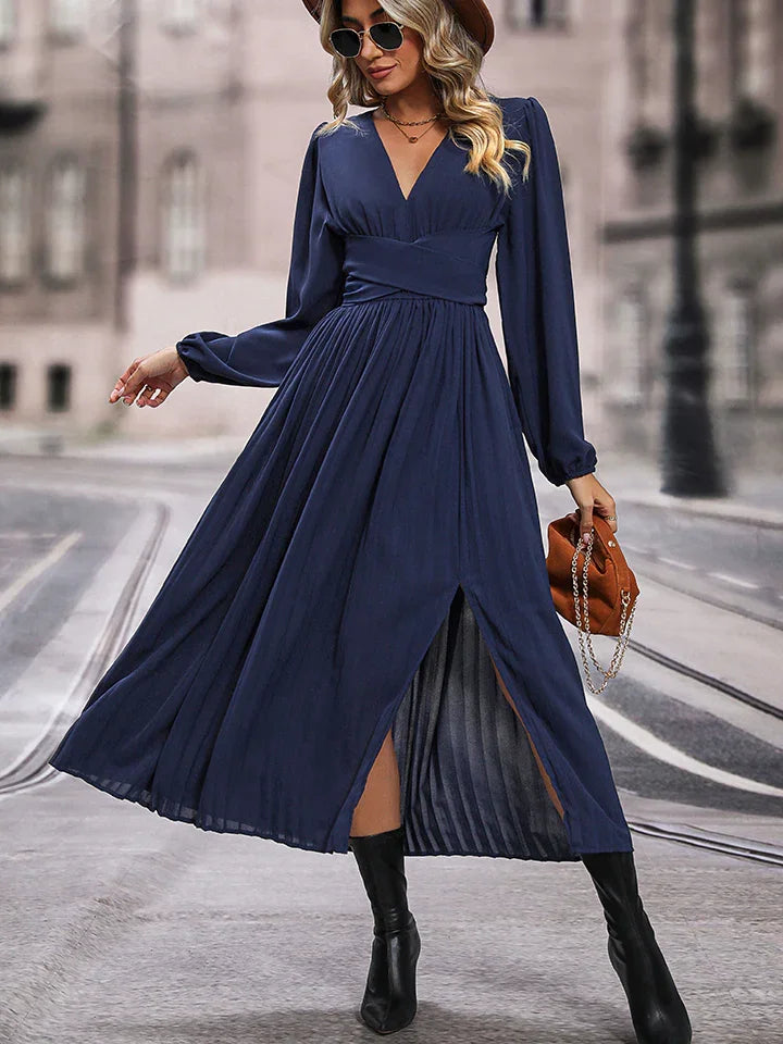 Perfee V-Neck Long Sleeve Pleated Slit Dress - Southern Shores Clothing