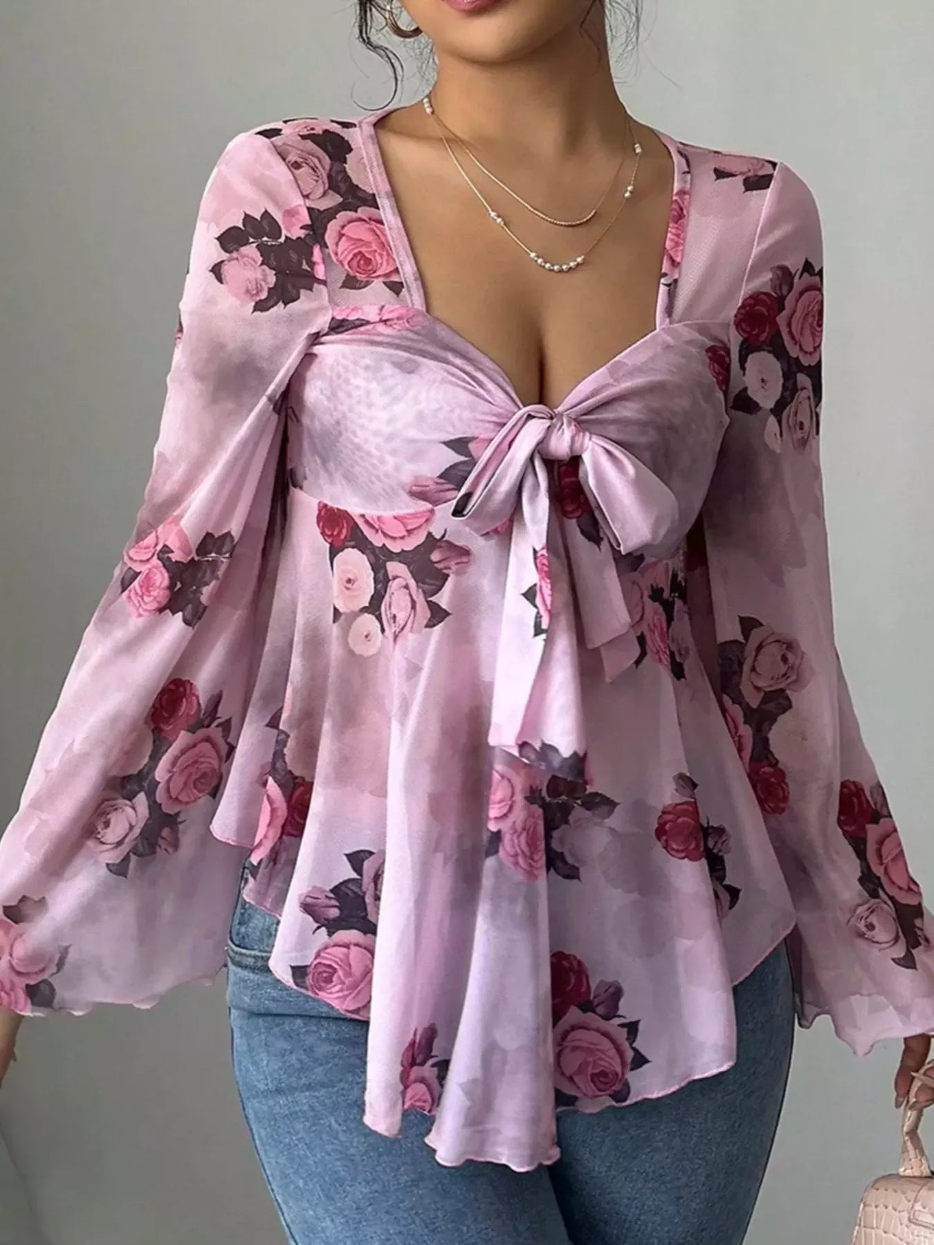 Floral Print Tie Front Flare Sleeve Blouse - Southern Shores Clothing