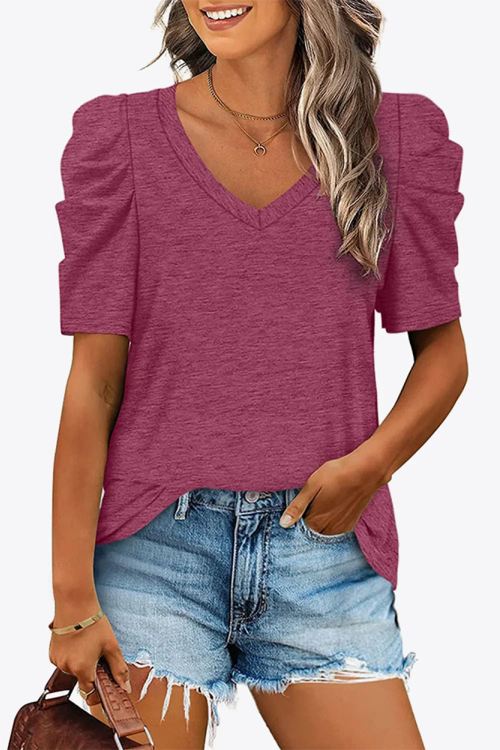 V-Neck Puff Sleeve Tee With Stretchy Fabric - Southern Shores Clothing