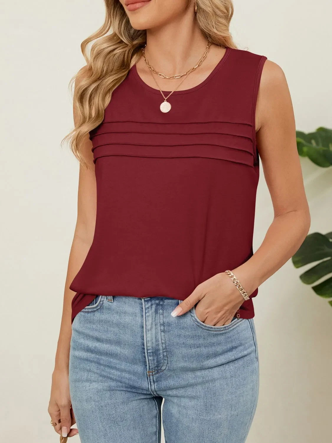 Round Neck Sleeveless Tank Top With Pleated Front Detail - Southern Shores Clothing