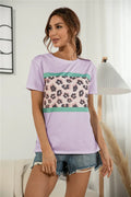 Leopard Print Side Slit Long T Shirt Round Neck Short Sleeve - Southern Shores Clothing
