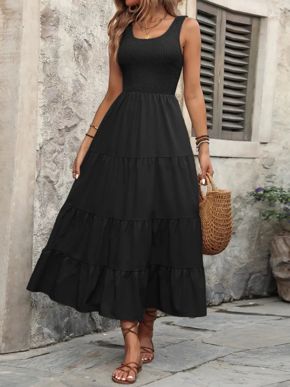Smocked Scoop Neck Sleeveless Tank Dress - Southern Shores Clothing