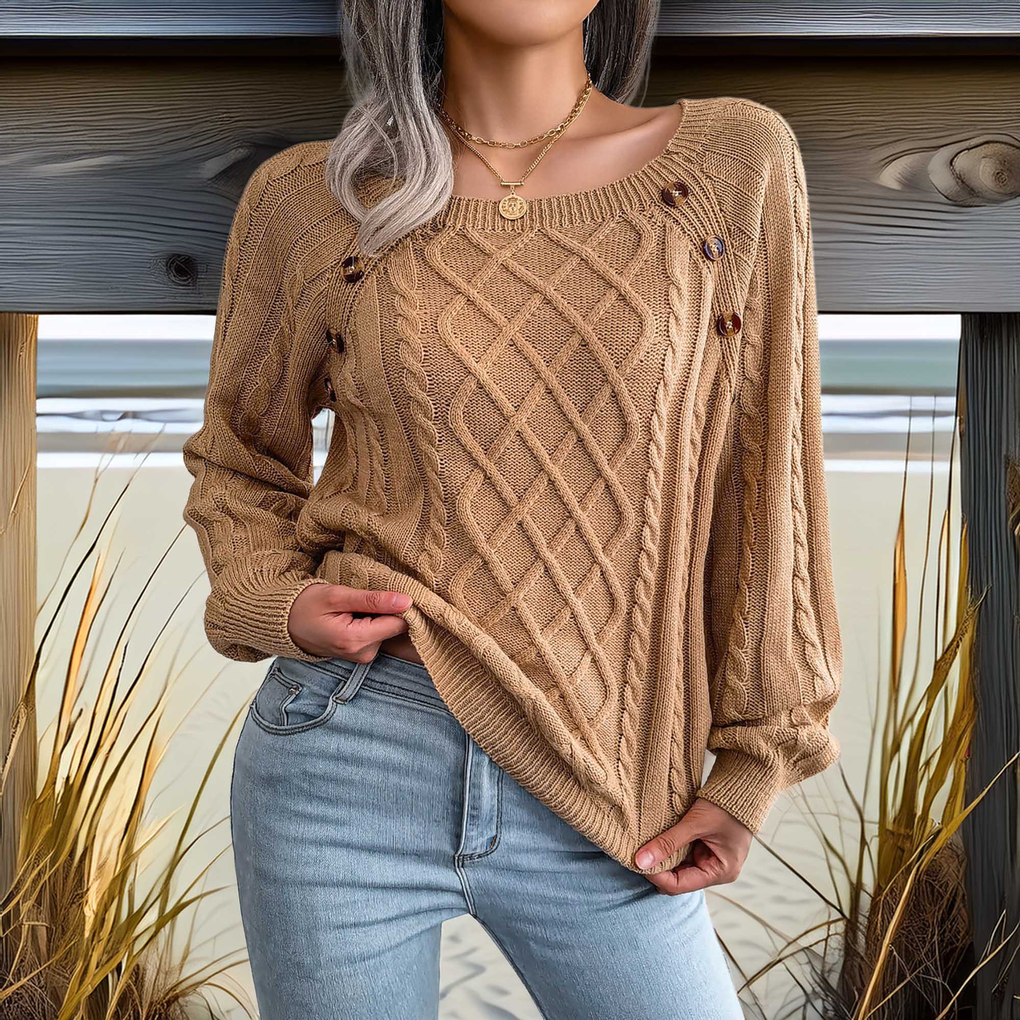 Southern Shores Decorative Button Cable-Knit Sweater