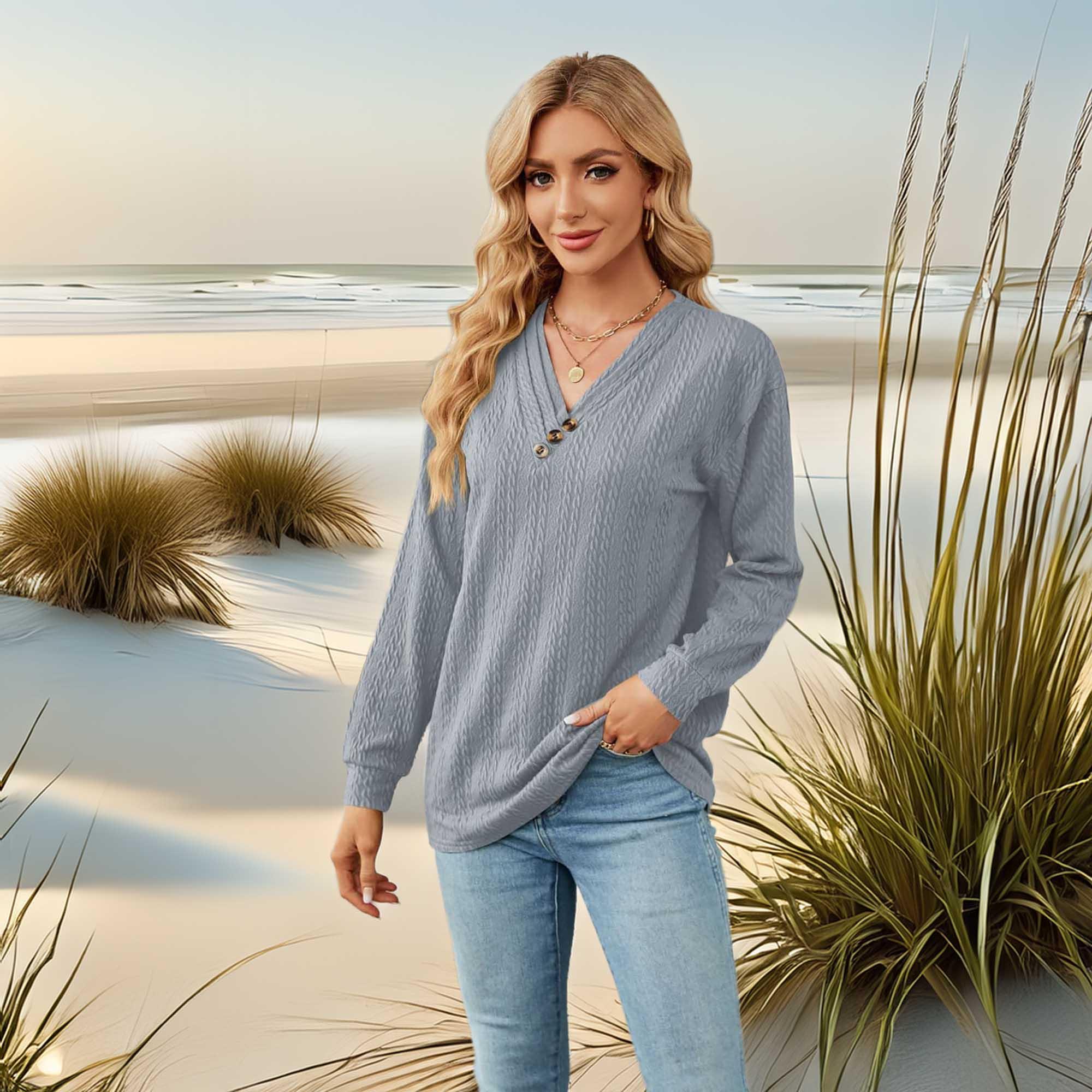 Decorative Button V-Neck Long Sleeve T-Shirt - Southern Shores Clothing