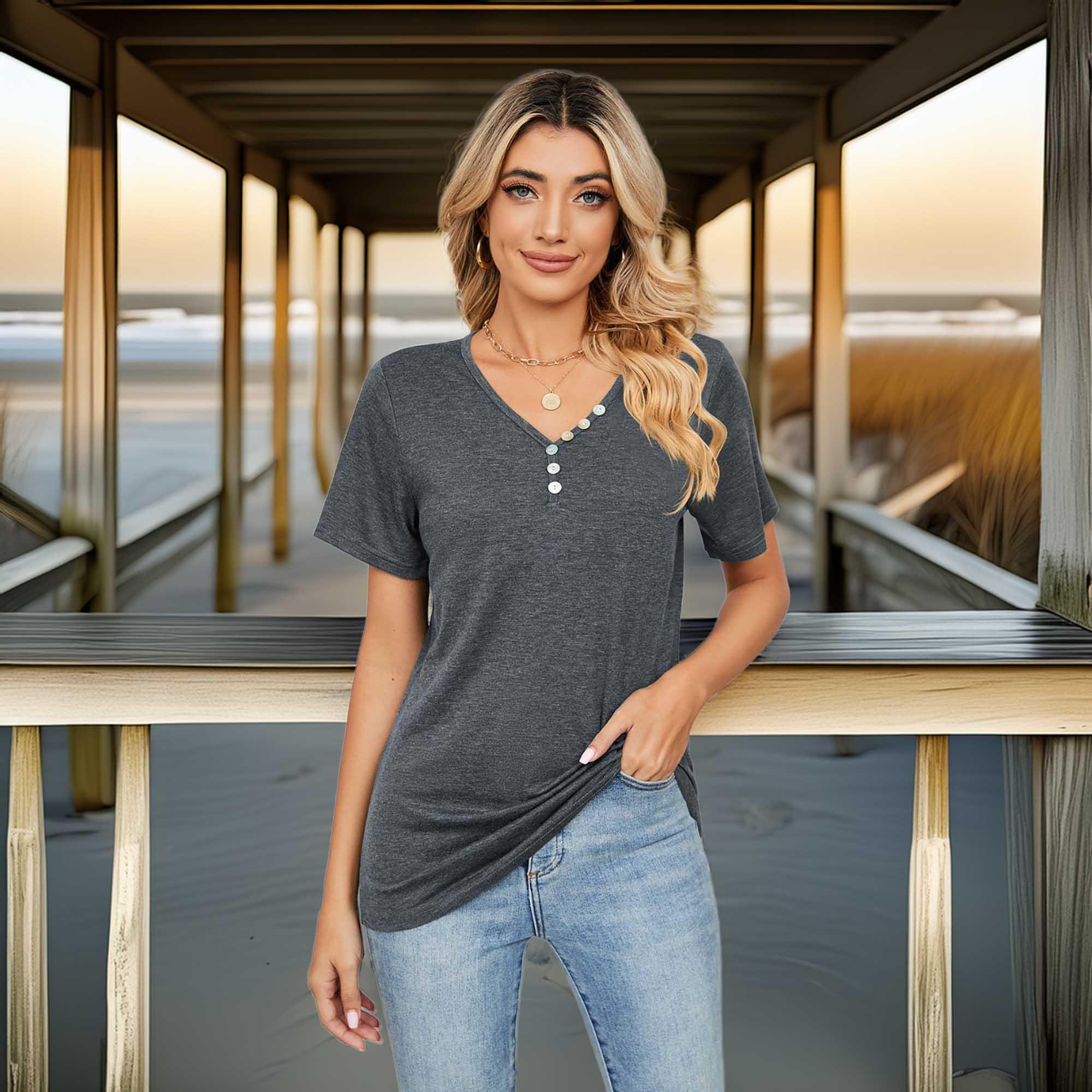 Decorative Button V-Neck Short Sleeve T Shirt - Southern Shores Clothing