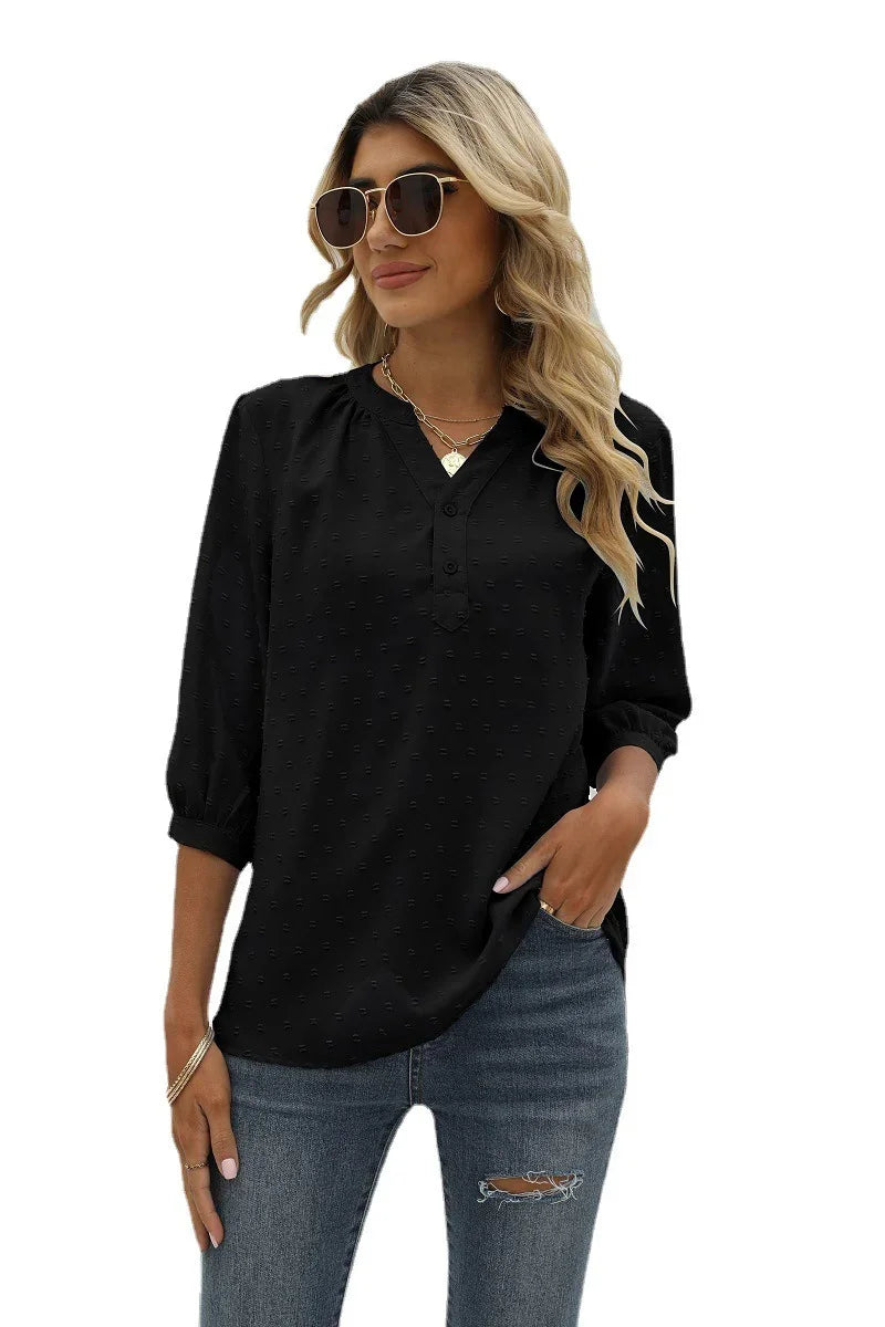Swiss Dot Notched Neck Three-Quarter Sleeve Blouse - Southern Shores Clothing