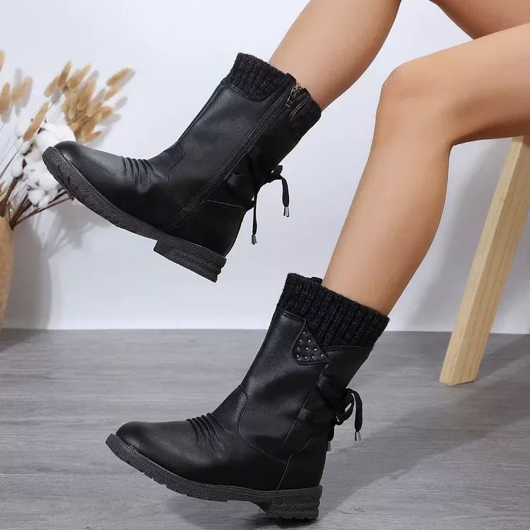 Knitted Cuff Round Toe Boots Suede Rubber Sole