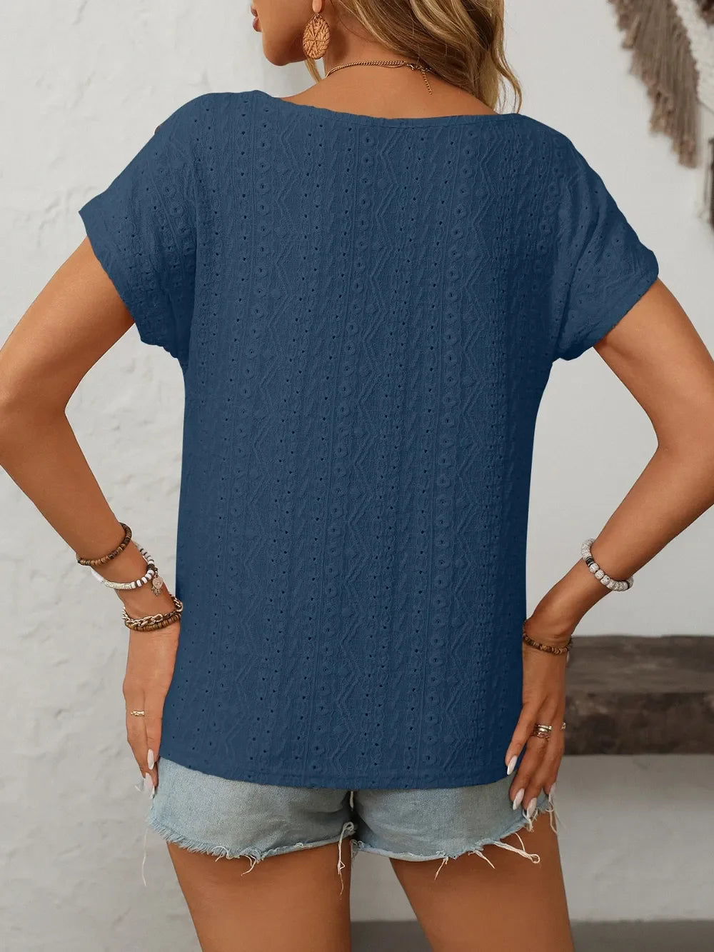 Eyelet Round Neck Short Sleeve Top With Decorative Button - Southern Shores Clothing