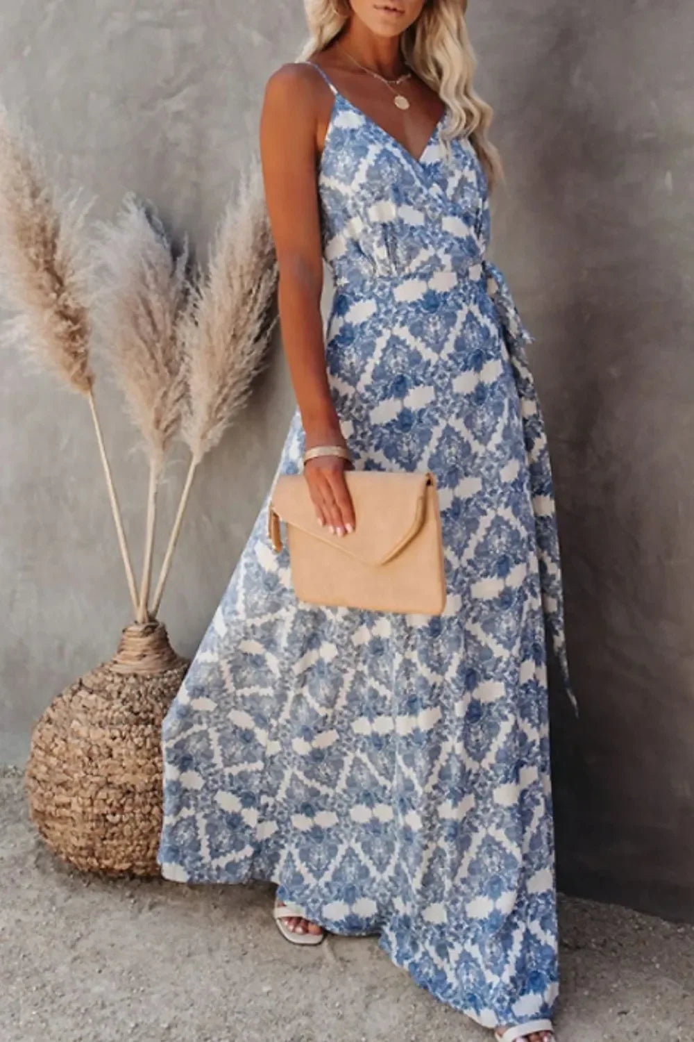 Versatile Printed Tied Maxi Camisole Dress With Side Slit Detail - Southern Shores Clothing