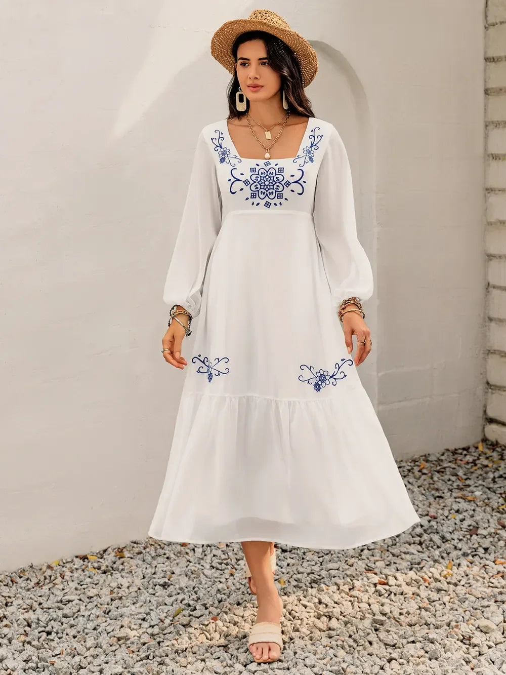 Printed Square Neck Balloon Sleeve Dress With Embroidered Detail - Southern Shores Clothing