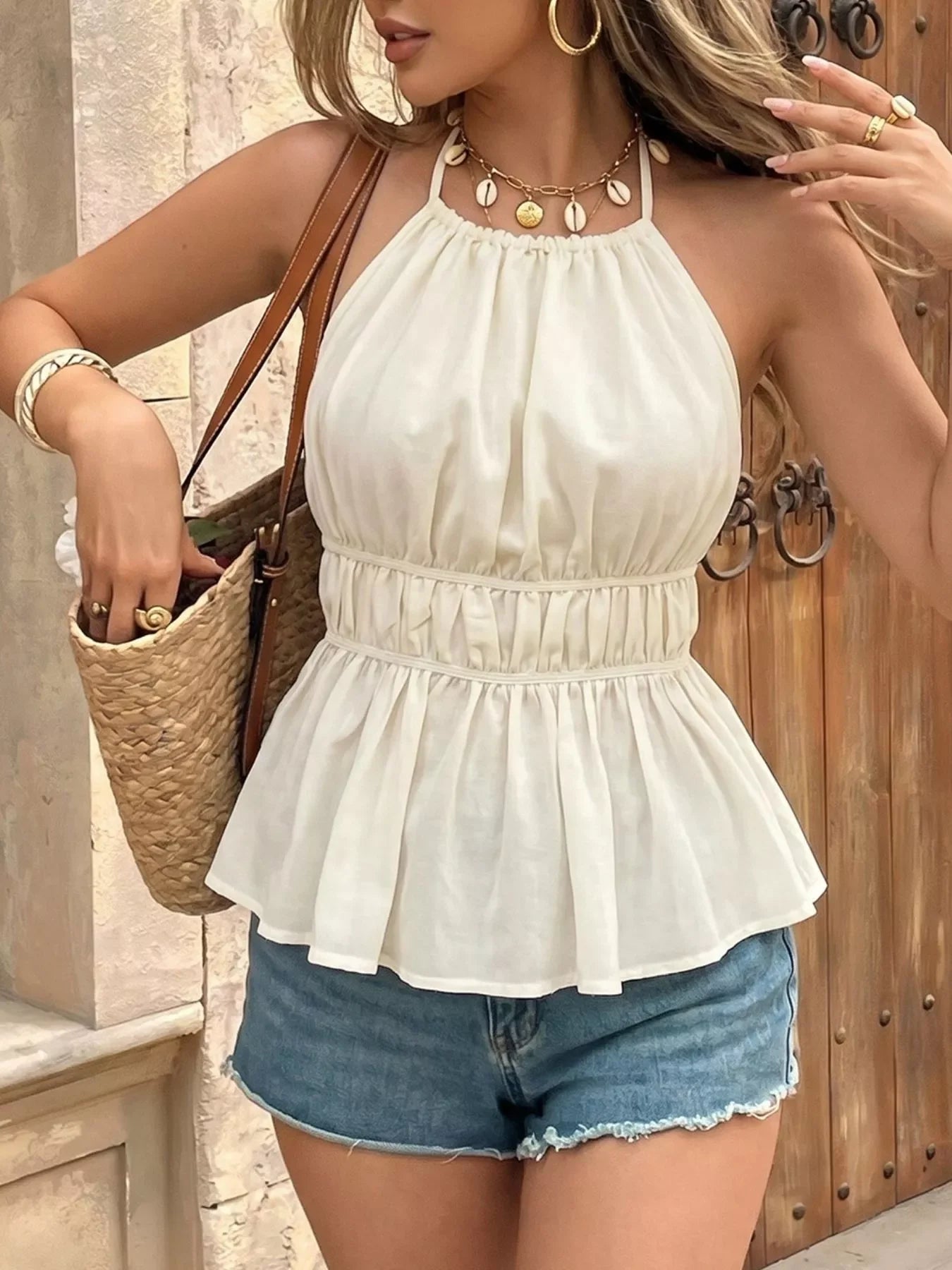 Elegant Halter Neck Cami Top With Shirred Waist For Warm Weather - Southern Shores Clothing