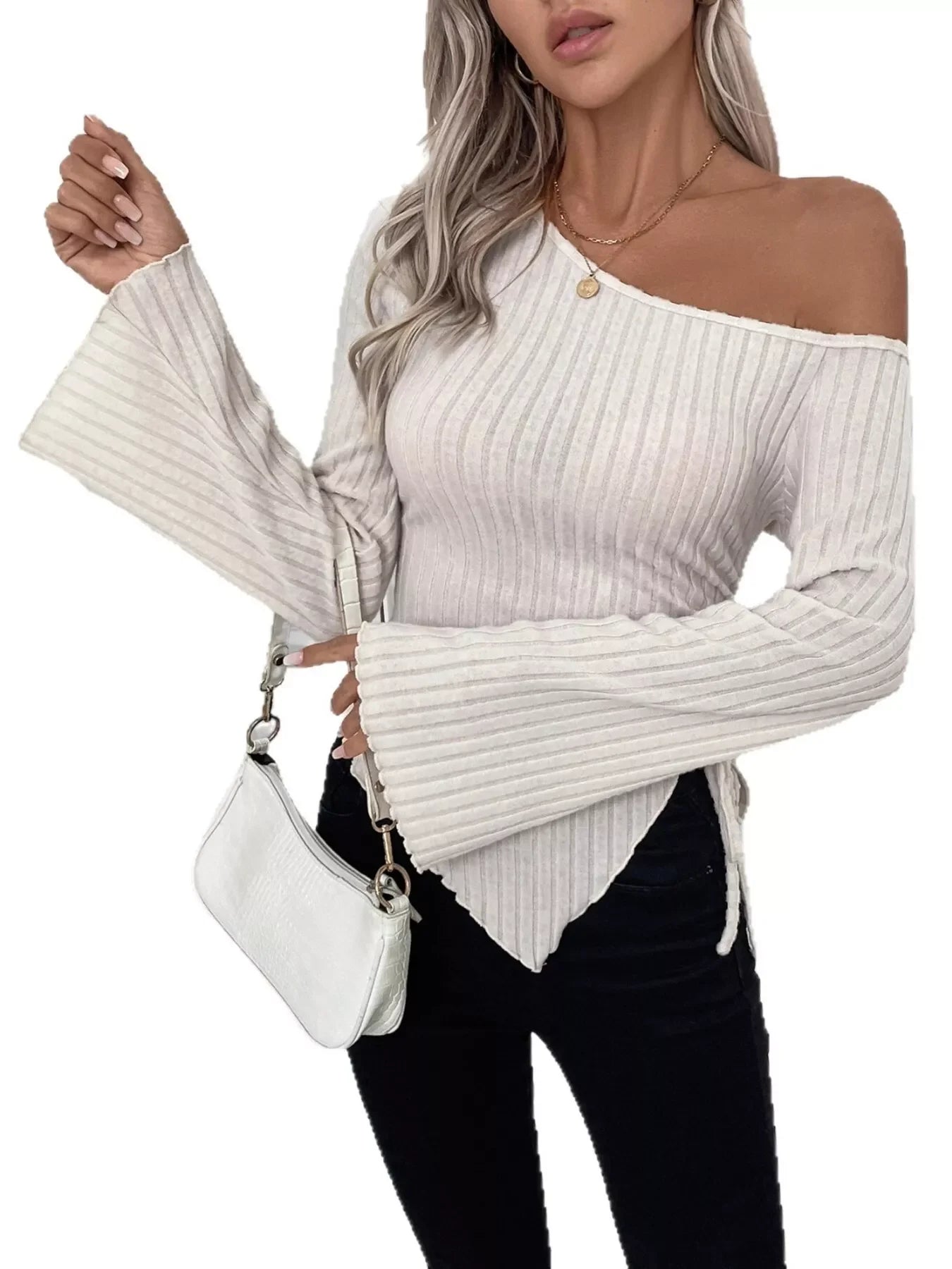 Ribbed One Shoulder Asymmetrical Hem T-Shirt - Southern Shores Clothing