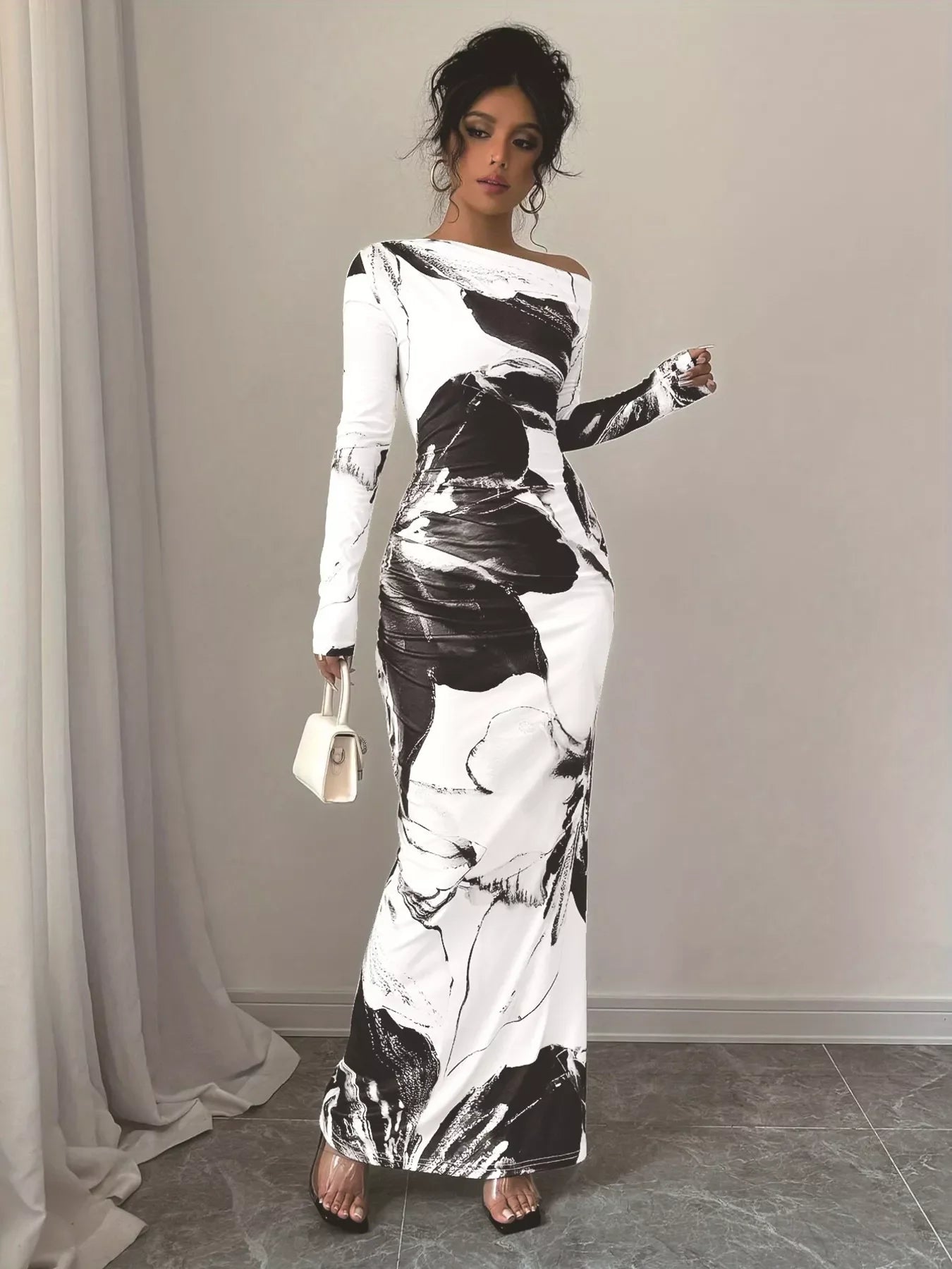 Floral One Shoulder Long Sleeve Maxi Dress - Southern Shores Clothing