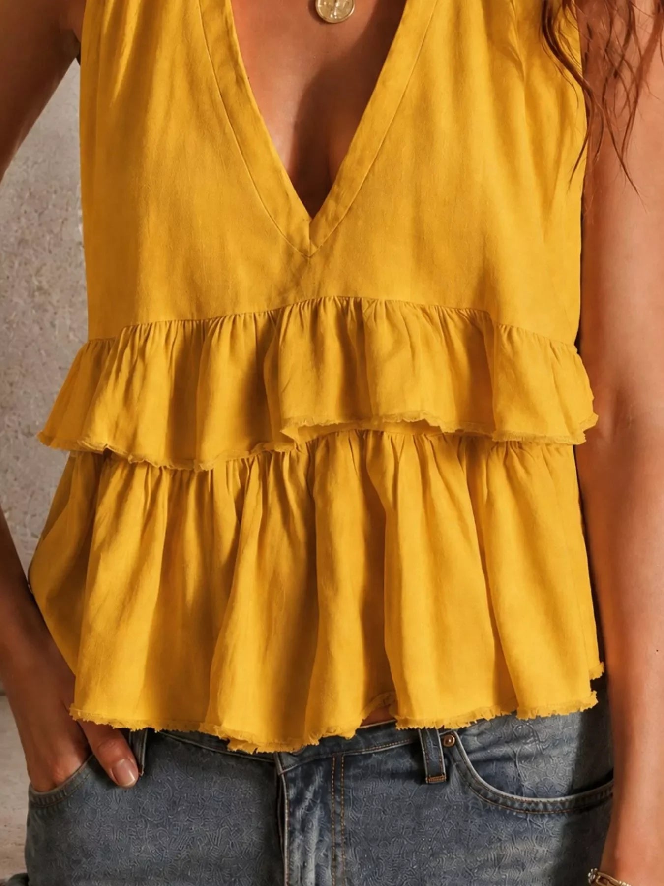 Ruffled V-Neck Sleeveless Tank Top Tiered Hem Polyester Blend - Southern Shores Clothing