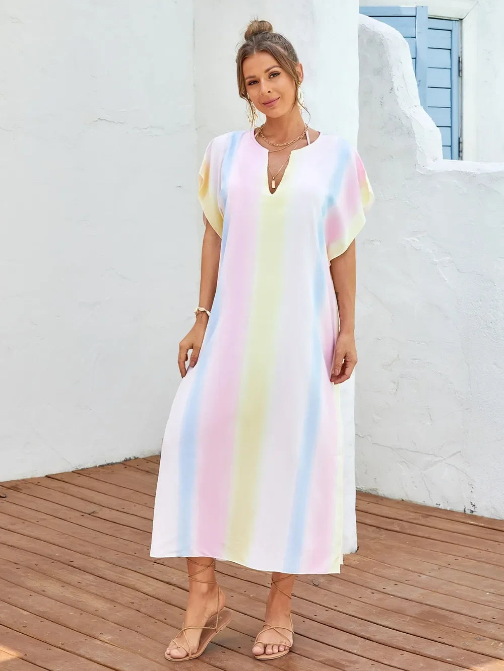 Striped Slit Notched Short Sleeve Cover Up One Size - Southern Shores Clothing
